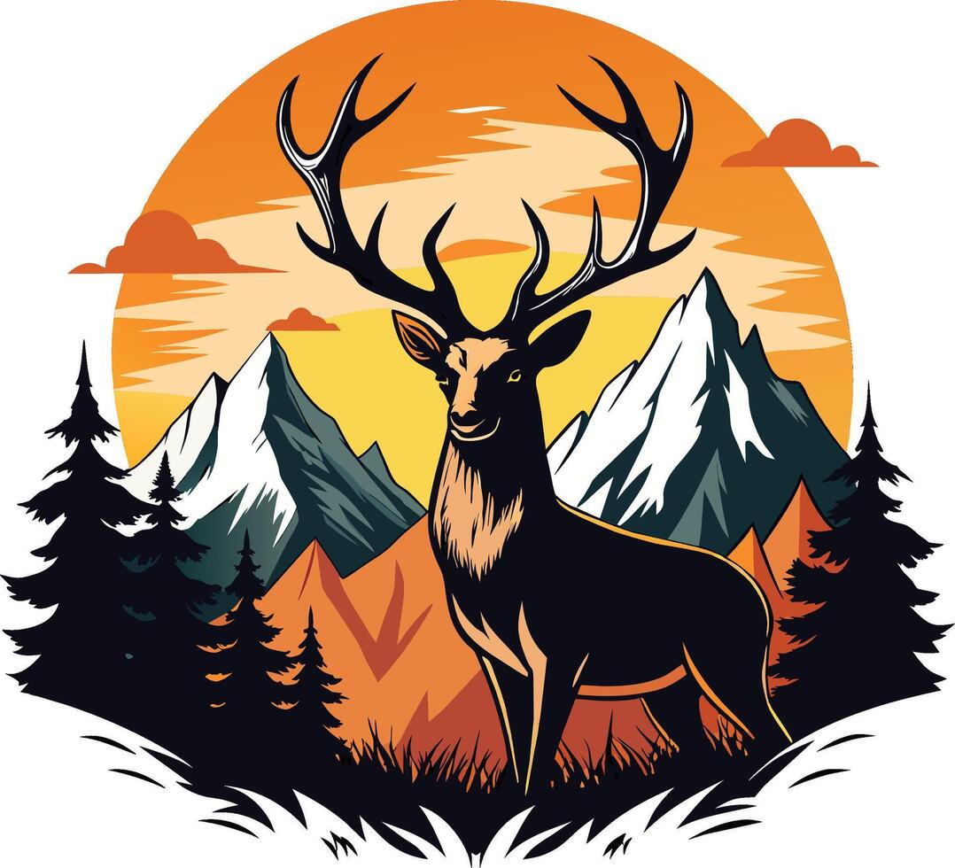 Deer in the mountains at sunset. Vector illustration in retro style.