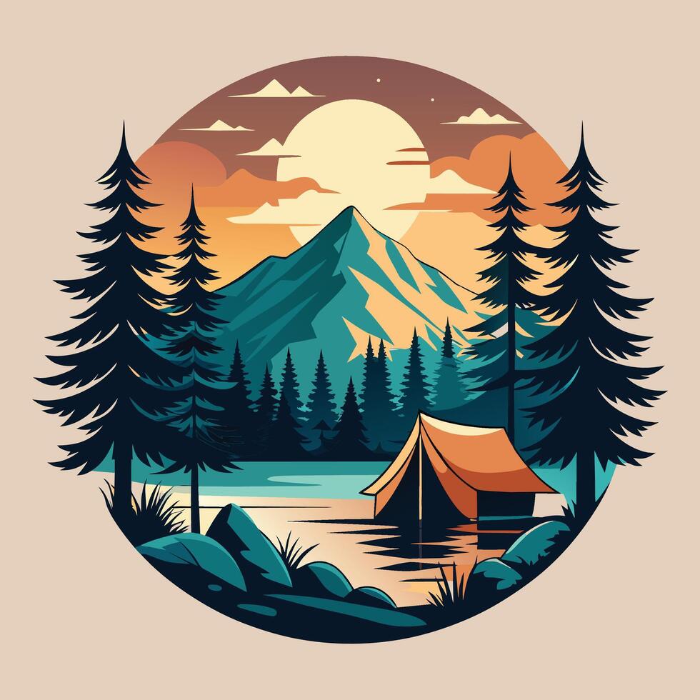 Camping on the lake in the mountains. Vector illustration in retro style.