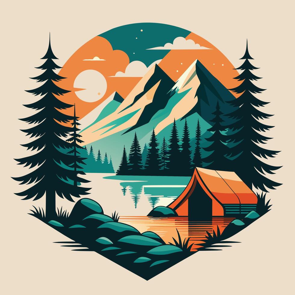 Camping on the lake in the mountains. Vector illustration in retro style.