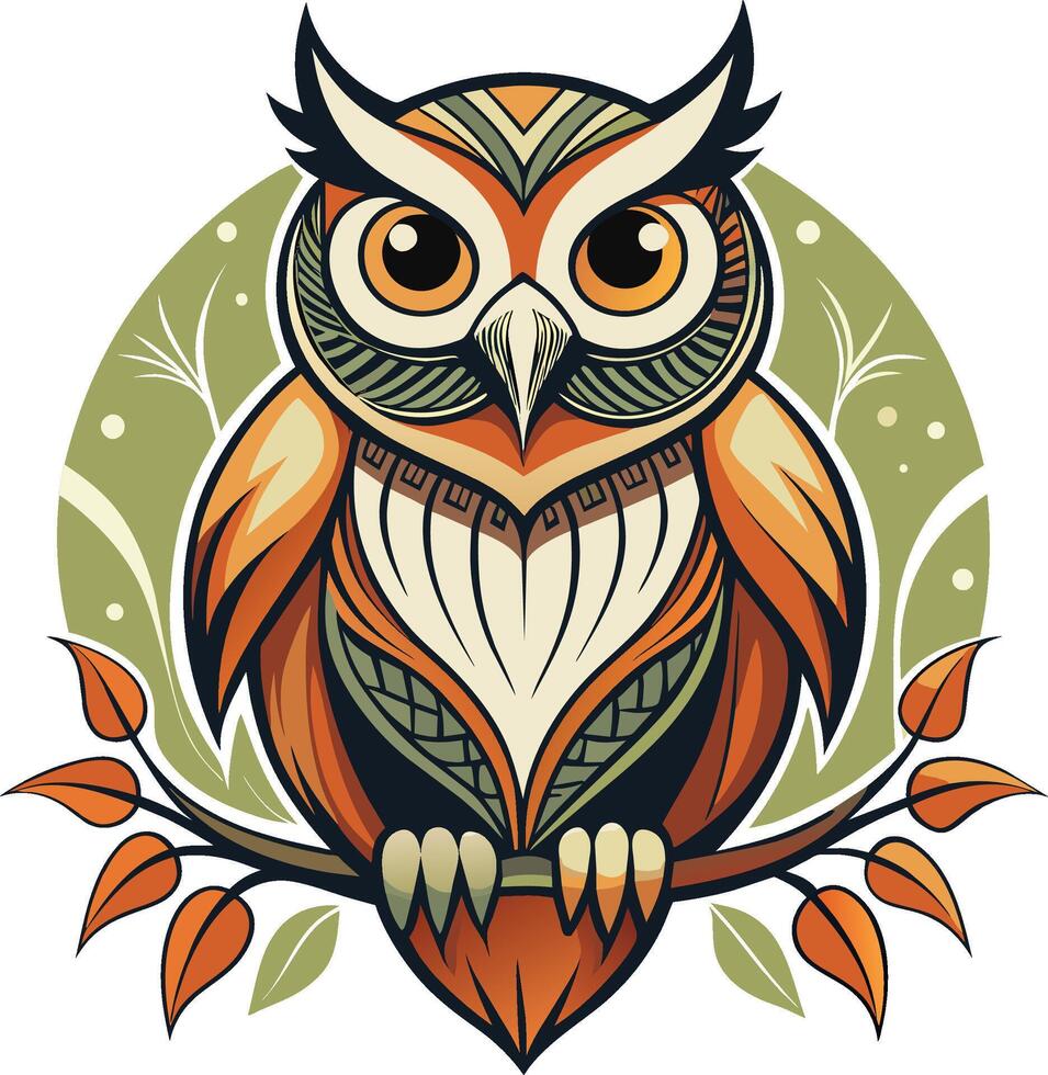 Owl with leaves on a beige background. Vector illustration.