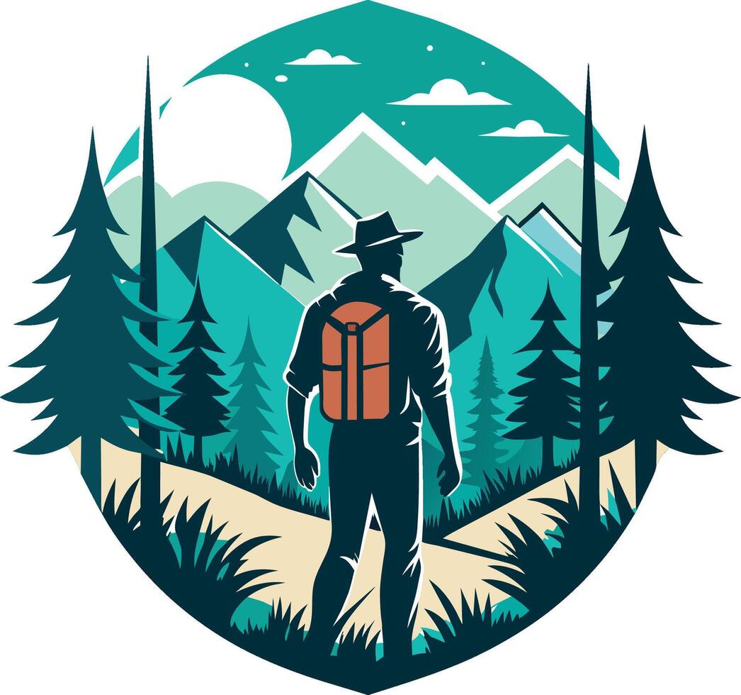 Vector illustration of a hiker with a backpack walking in the forest.