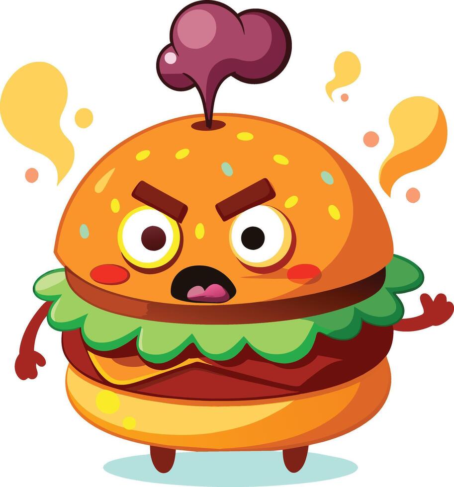 ilustración de un dibujos animados hamburguesa con un enojado cara en un blanco antecedentes vector