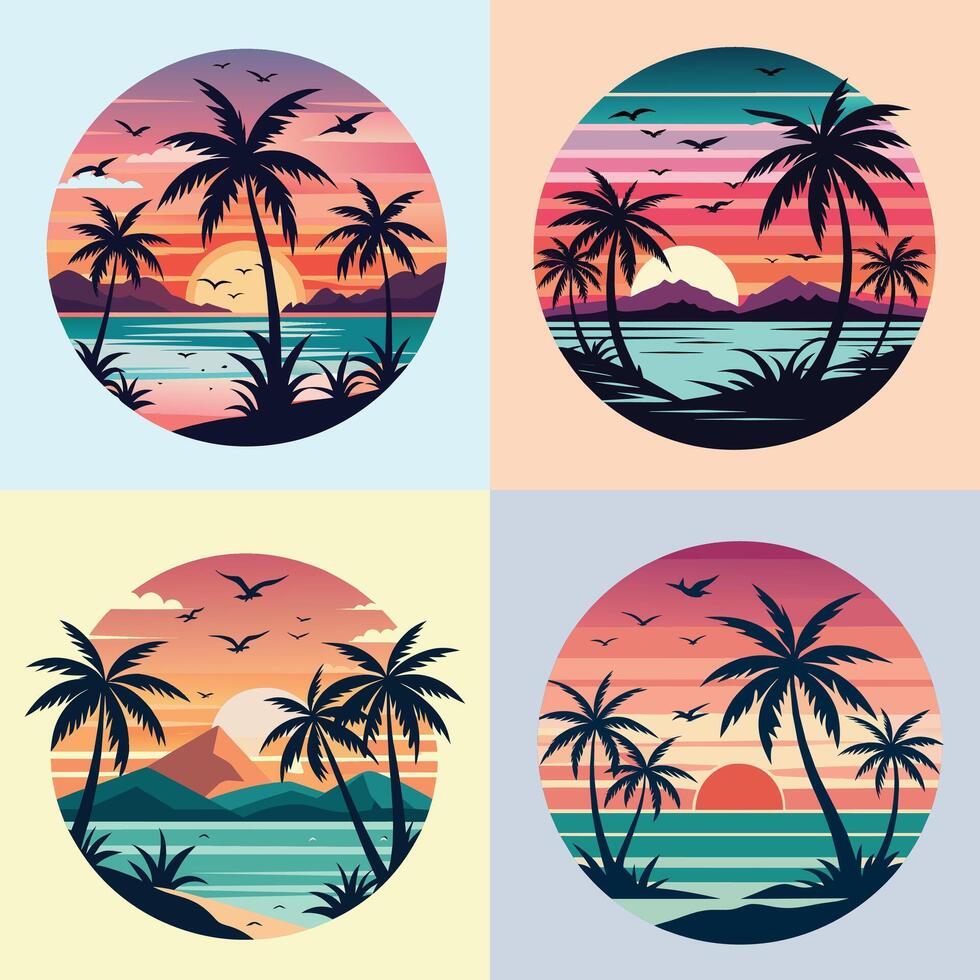 Set of palm trees and sunset. Vector illustration in flat style.