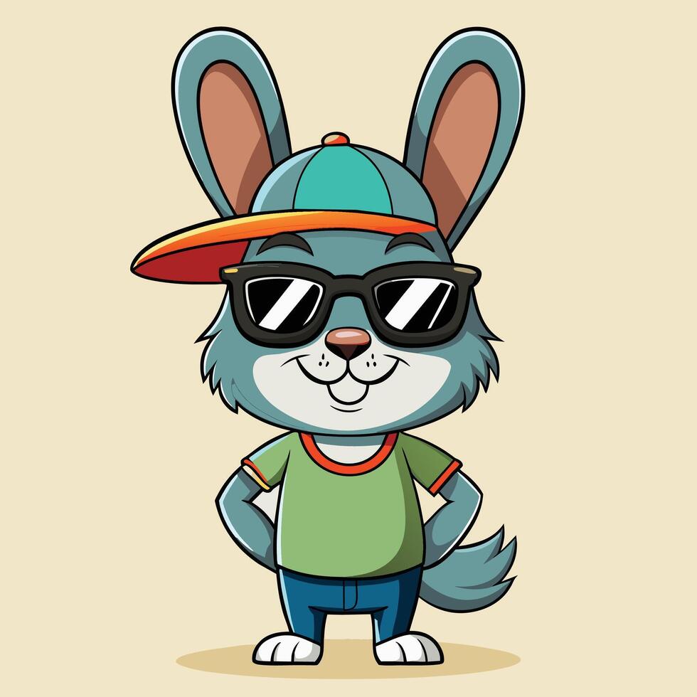 Cute cartoon rabbit wearing sunglasses and a cap. Vector illustration.