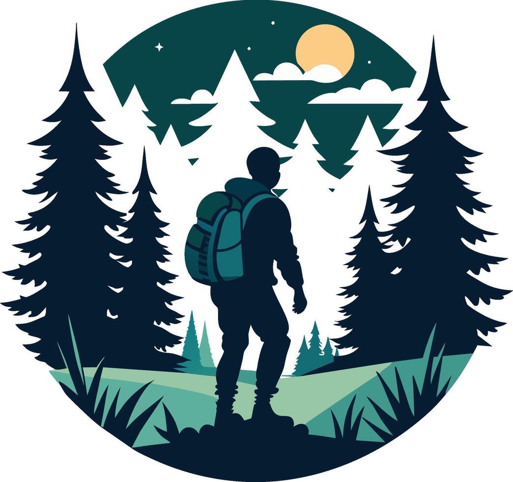 Hiker with backpack in the forest. Tourist vector illustration.