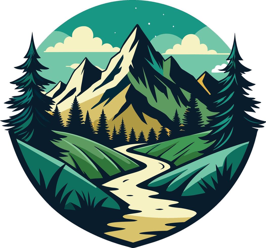 montaña paisaje con bosque y río. vector ilustración en retro estilo.