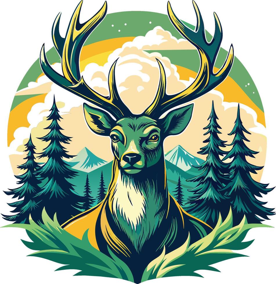 Deer head with  in the mountains. Vector illustration.