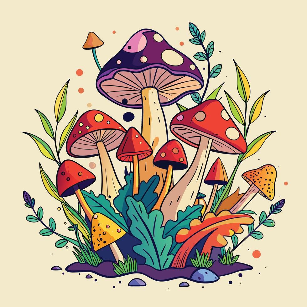 Fantasy mushrooms with leaves. Vector illustration in doodle style.