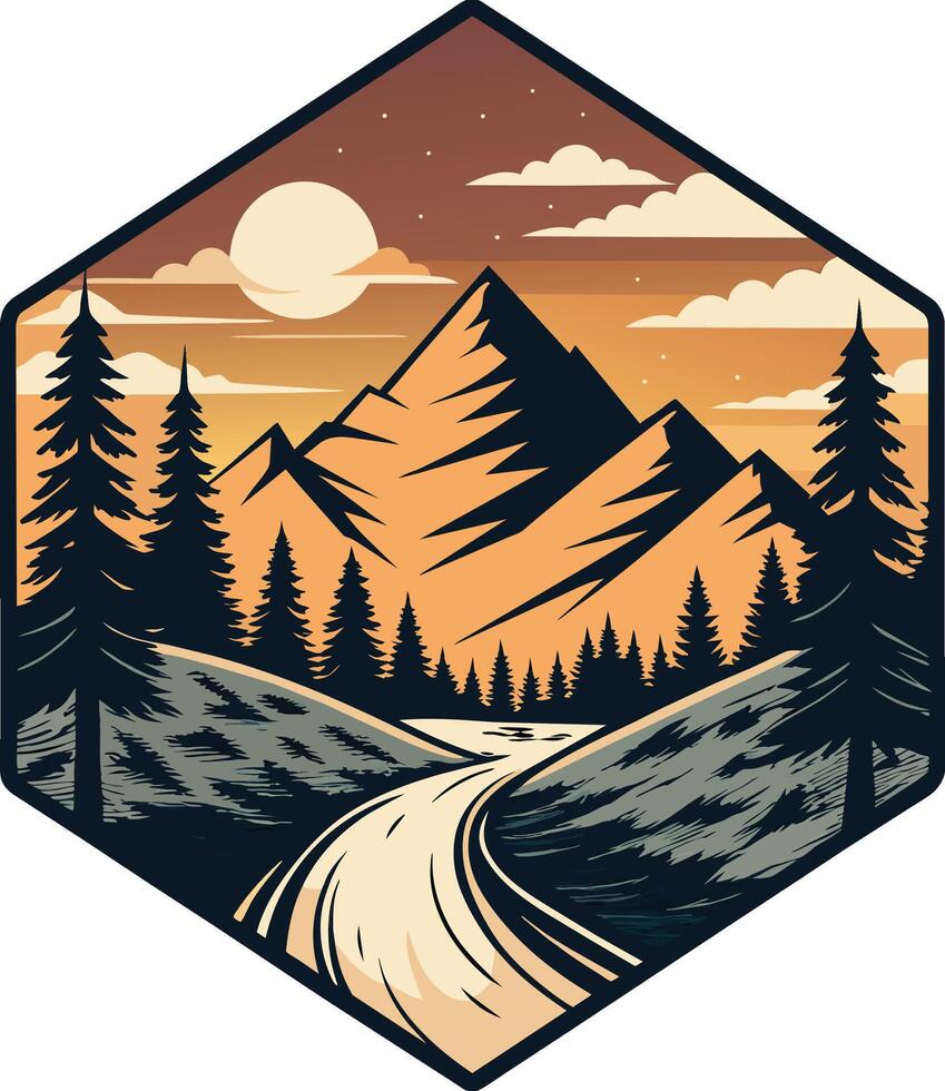 a mountain landscape with a river and mountains in the background. vector