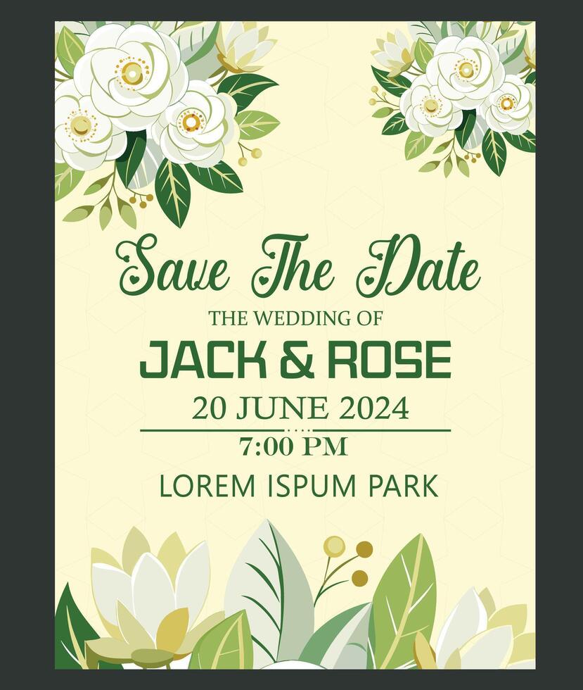 Wedding invitation card with white roses and green leaves. Vector illustration