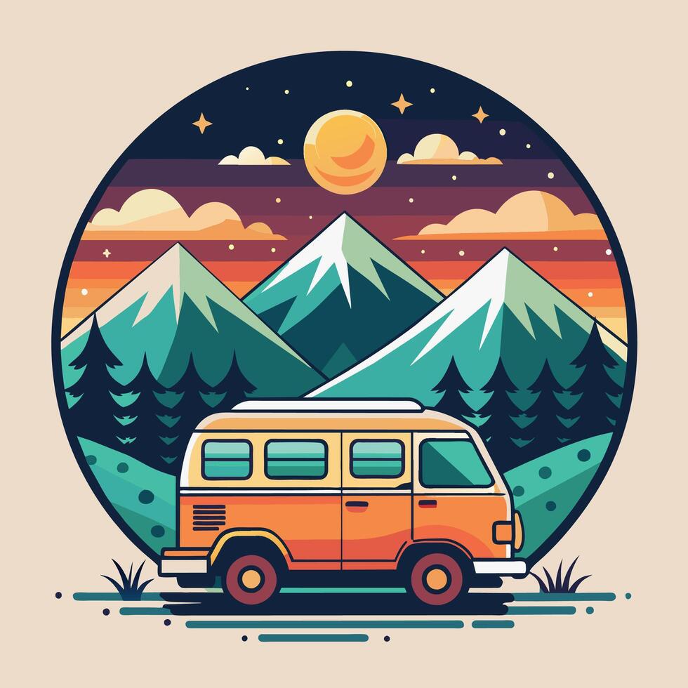 Vintage camper van in the mountains at night. Vector illustration.