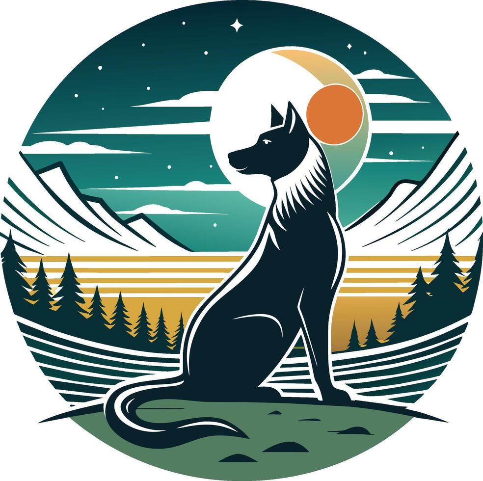 Dog on the background of the sunset. Vector illustration