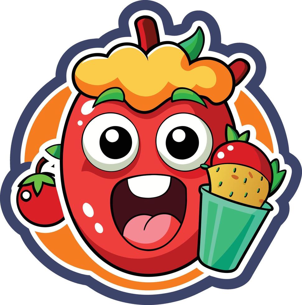 strawberry cartoon character with ice cream on white background vector