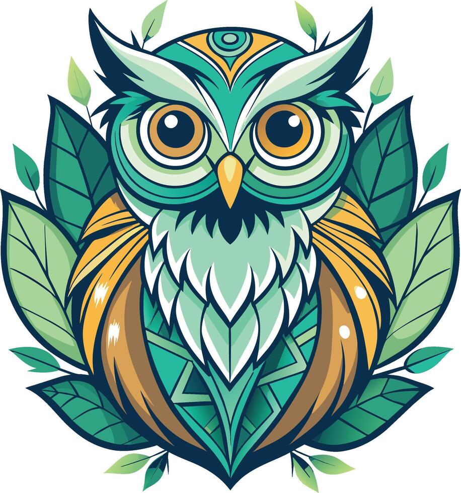 Owl with green leaves. Hand drawn vector illustration for your design