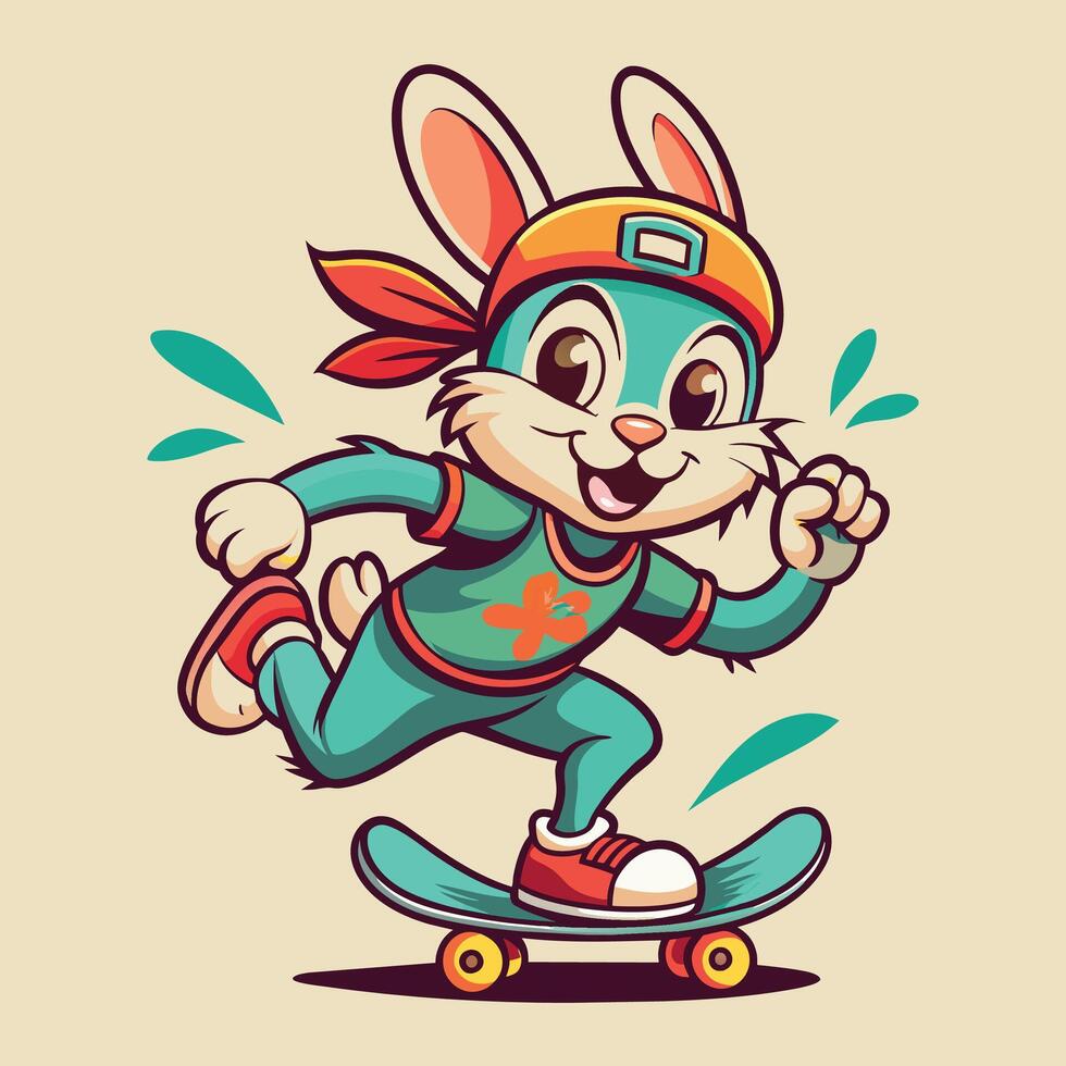 Conejo montando un patineta. dibujos animados estilo. vector ilustración.