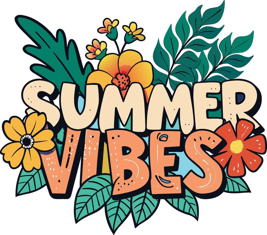 Summer vibes - hand drawn lettering phrase. Vector illustration.