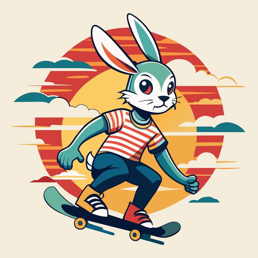Vector illustration of a cute rabbit riding a skateboard.