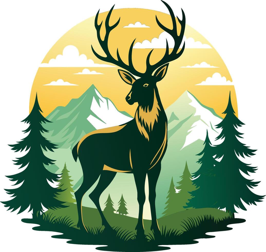 Deer in the forest  of the mountains. Vector illustration