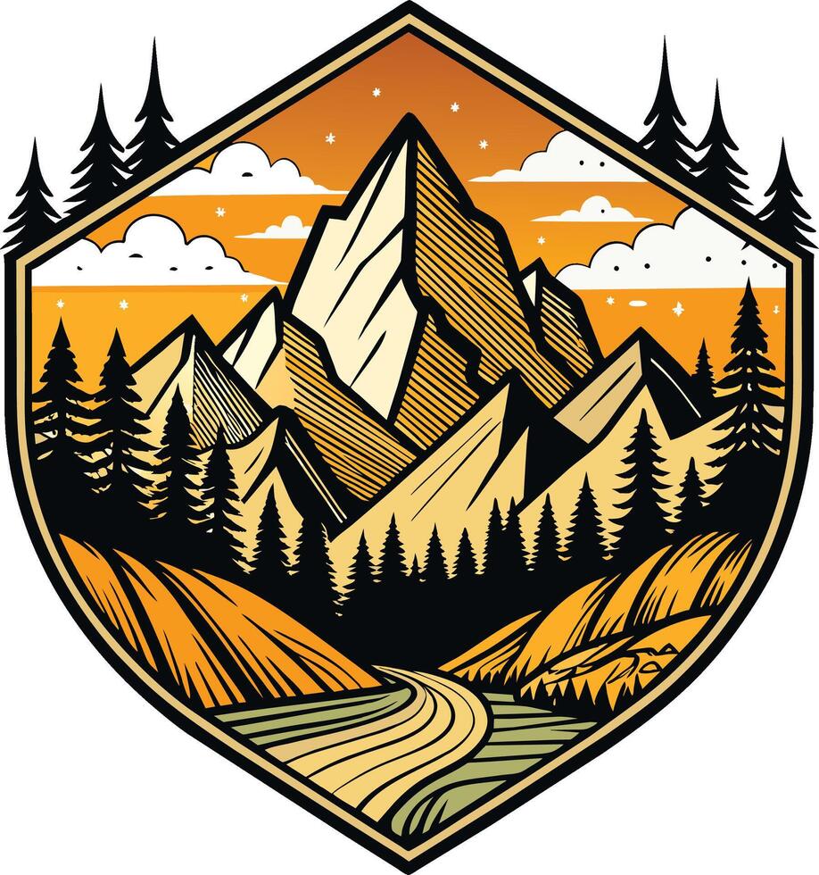 Mountains and forest in the shape of a shield, vector illustration