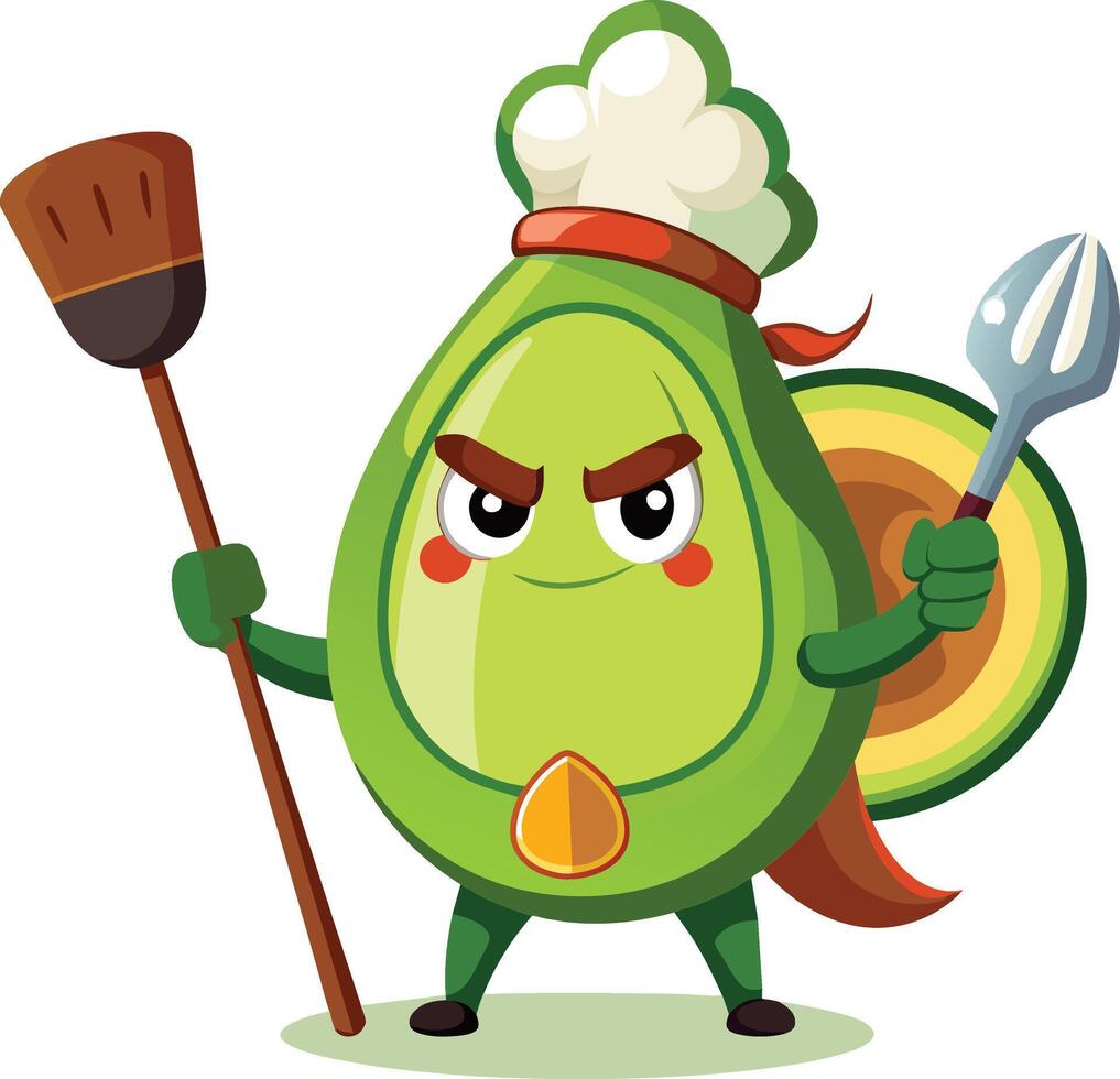 Avocado character with chef hat and wooden spatula. Vector illustration