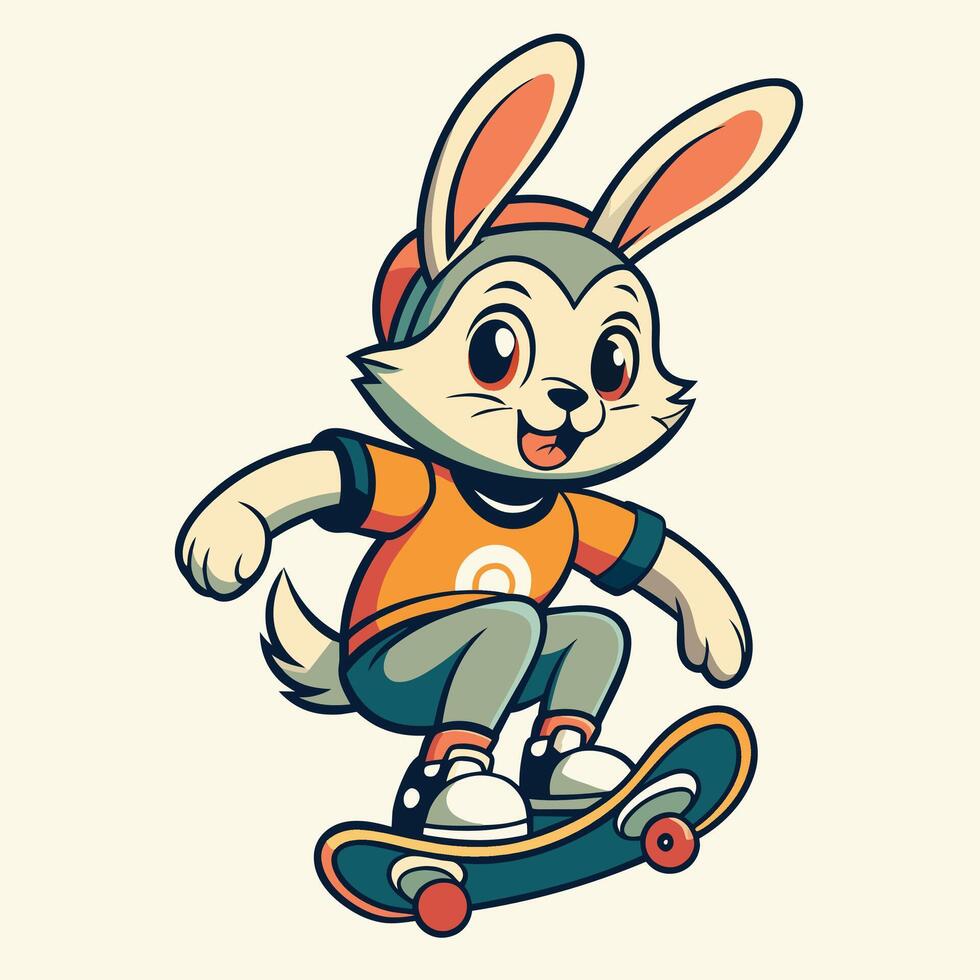 Conejo paseos un patineta. vector ilustración retro estilo