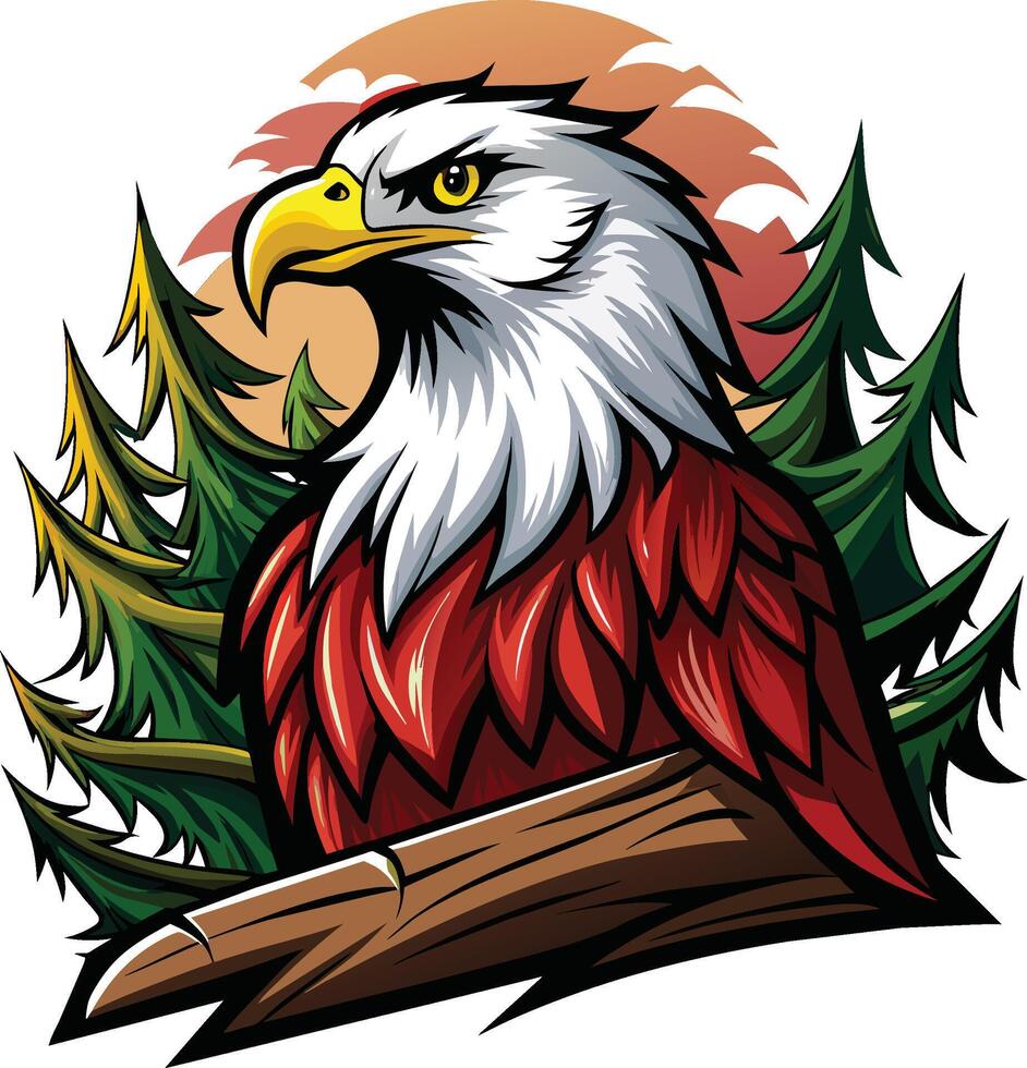 Eagle head with pine trees in the background. Vector illustration.