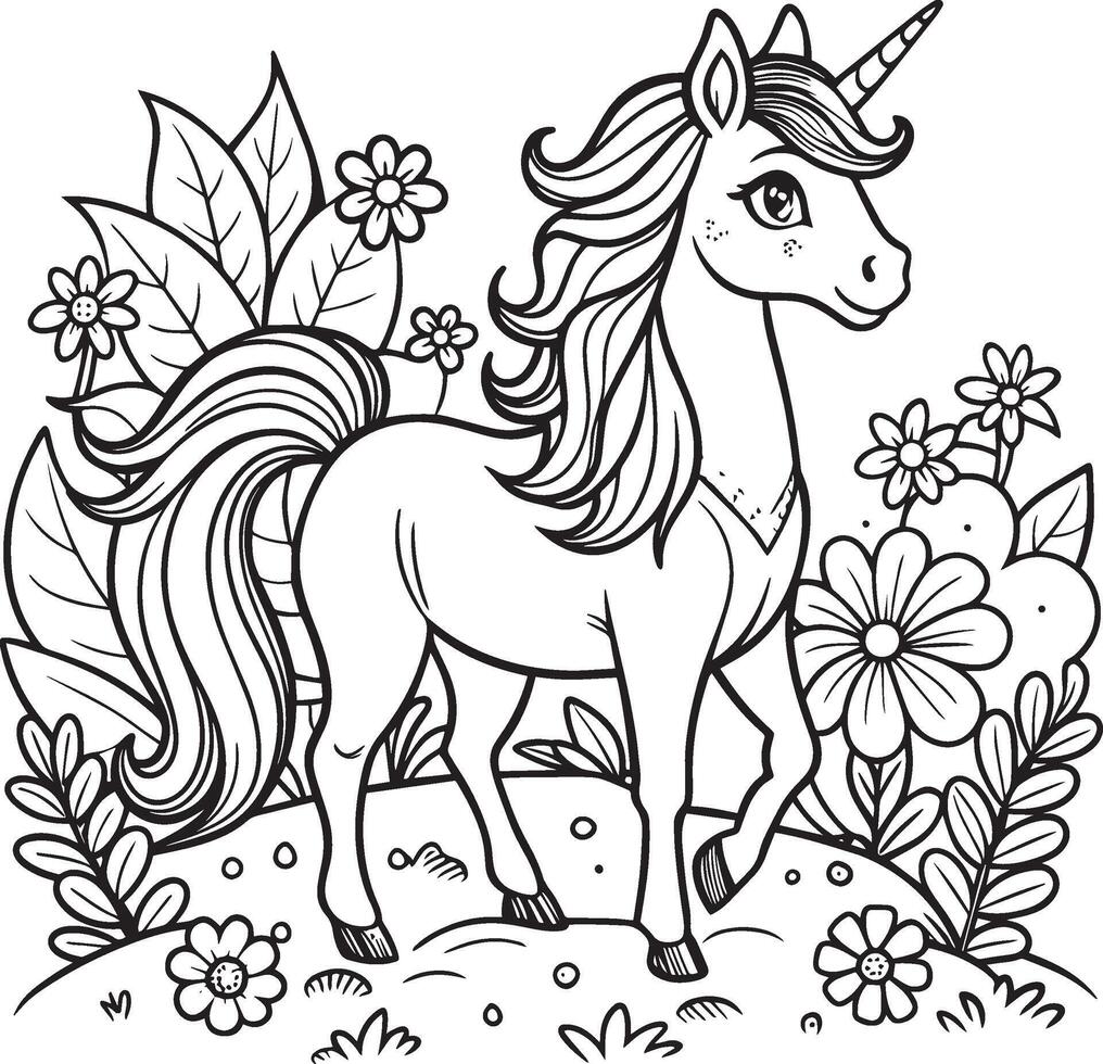 Unicorn and flowers. Coloring book for children. Vector illustration.