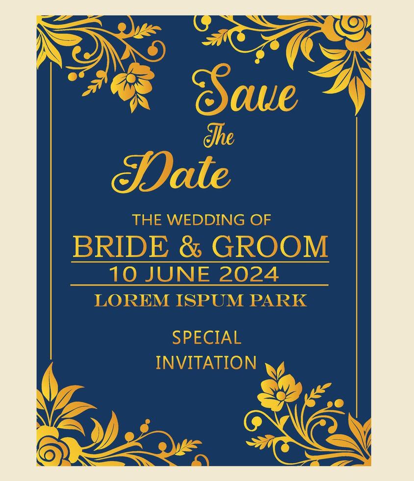 Wedding invitation card with golden floral ornament on blue background. Vector illustration