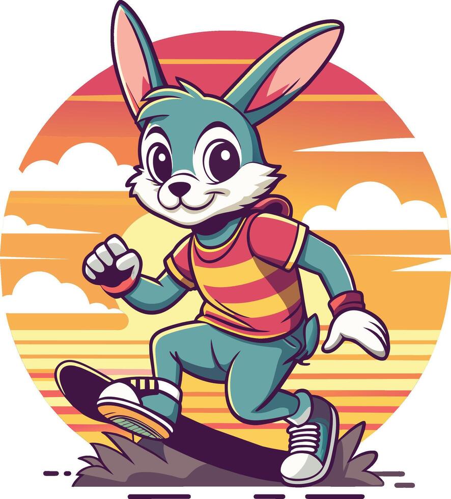 Vector illustration of a cute rabbit riding a skateboard. Cartoon style.