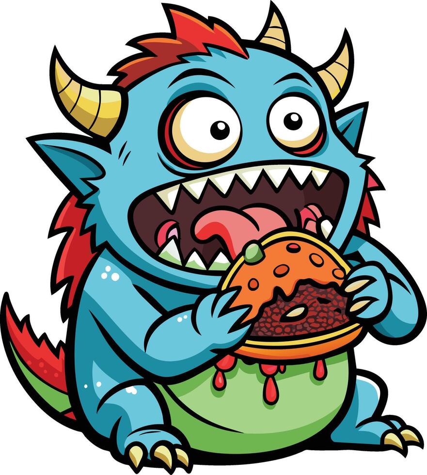 gracioso dibujos animados monstruo comiendo un hamburguesa. vector acortar Arte ilustración.