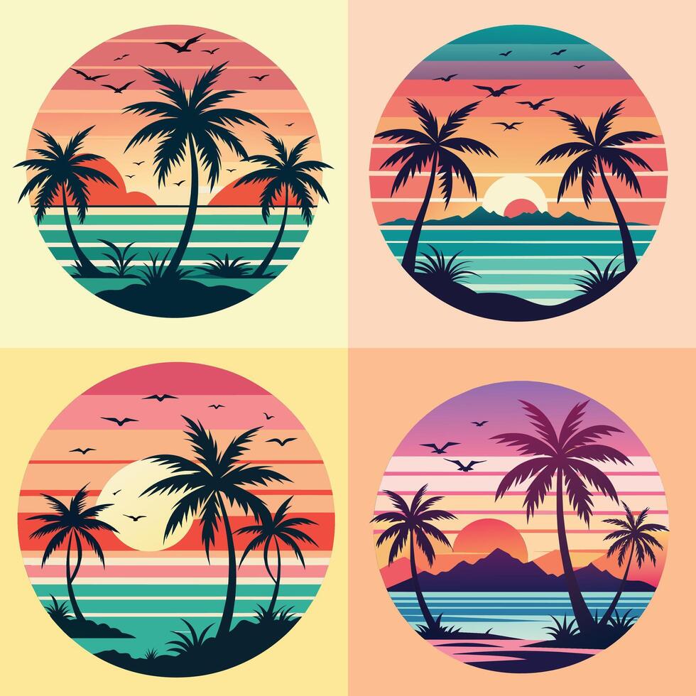 Set of palm trees silhouettes on sunset background. summer t shirt vector
