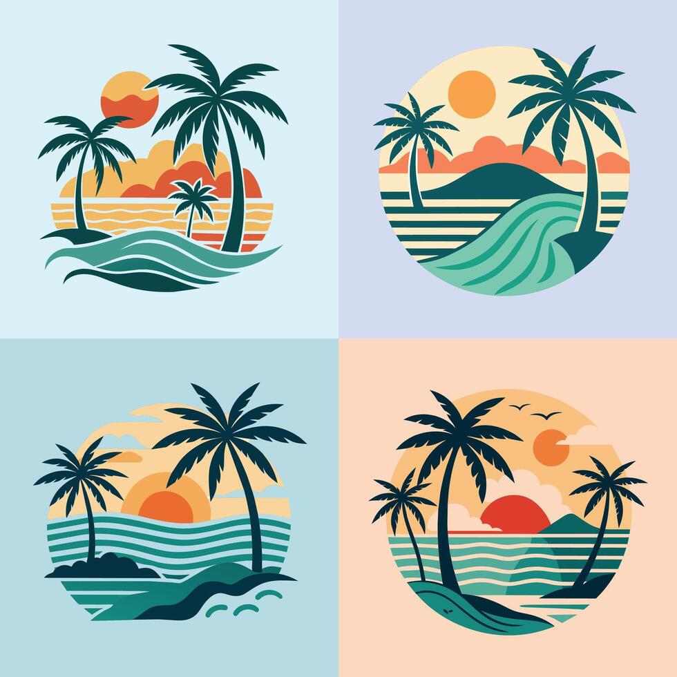 Vector set of flat vector with palms, sun, waves and sea. summer t shirt