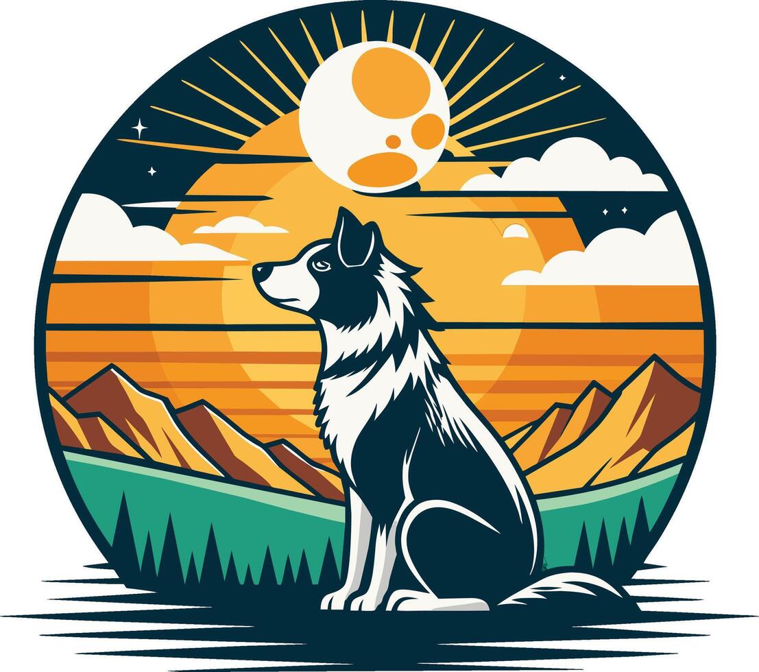 Dog on the background of the sunset. Vector illustration
