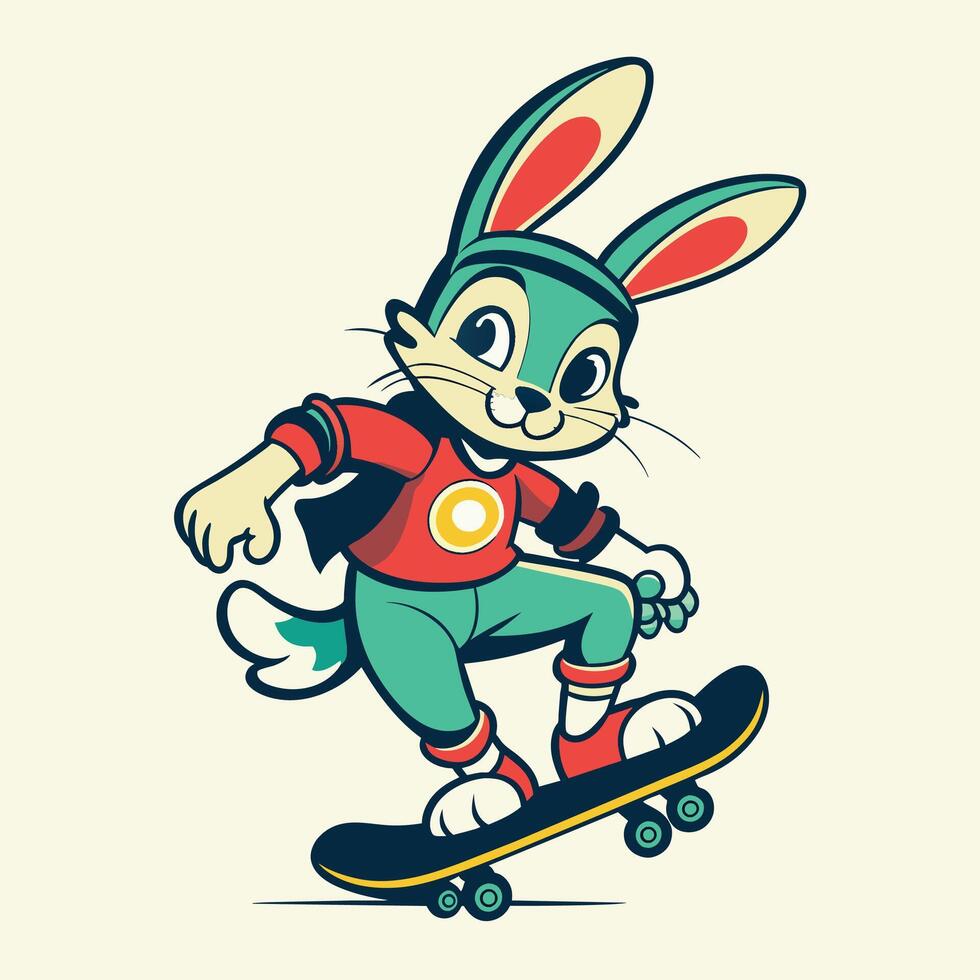 Conejo montando un patineta. vector ilustración