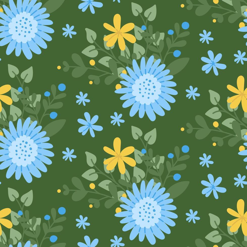 Bold seamless pattern with flat stylized flowers. Springtime or summer concept on dark background. Flat hand drawn colored elements. Trendy print design for textile, wallpaper, interior, wrapping vector