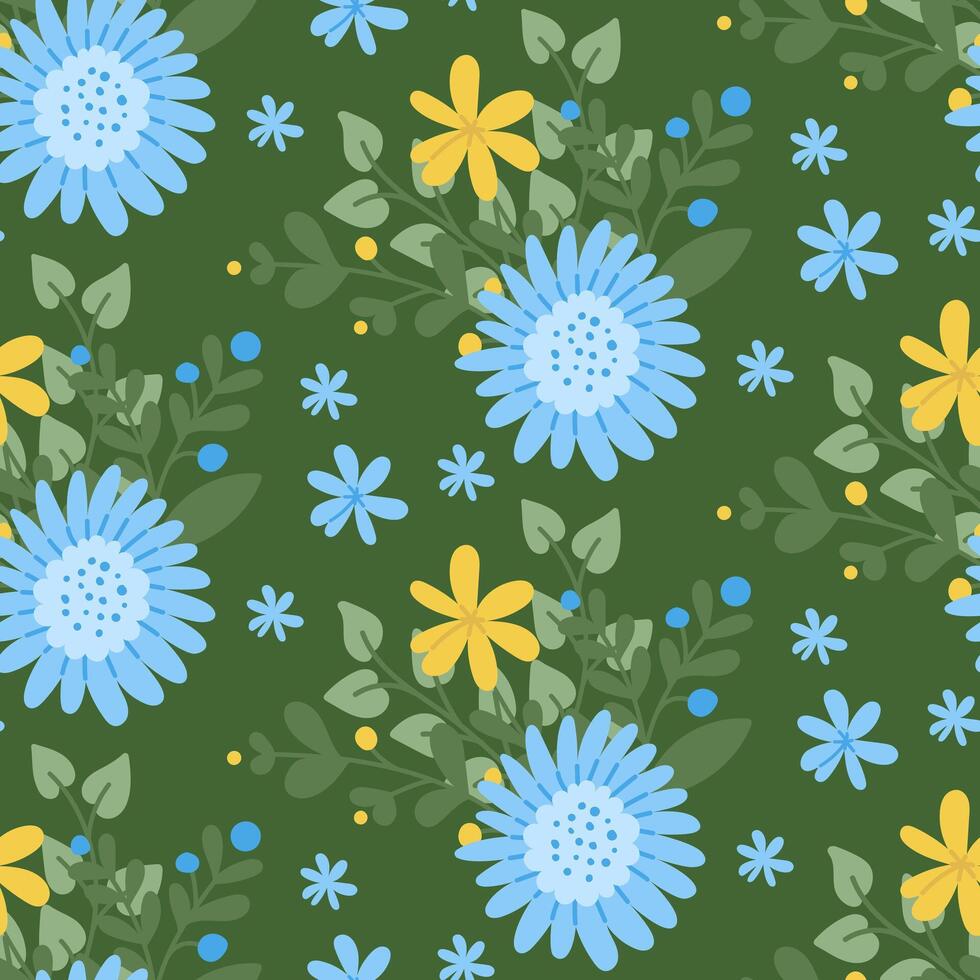 Bold seamless pattern with flat stylized flowers. Springtime or summer concept on dark background. Flat hand drawn colored elements. Trendy print design for textile, wallpaper, interior, wrapping vector