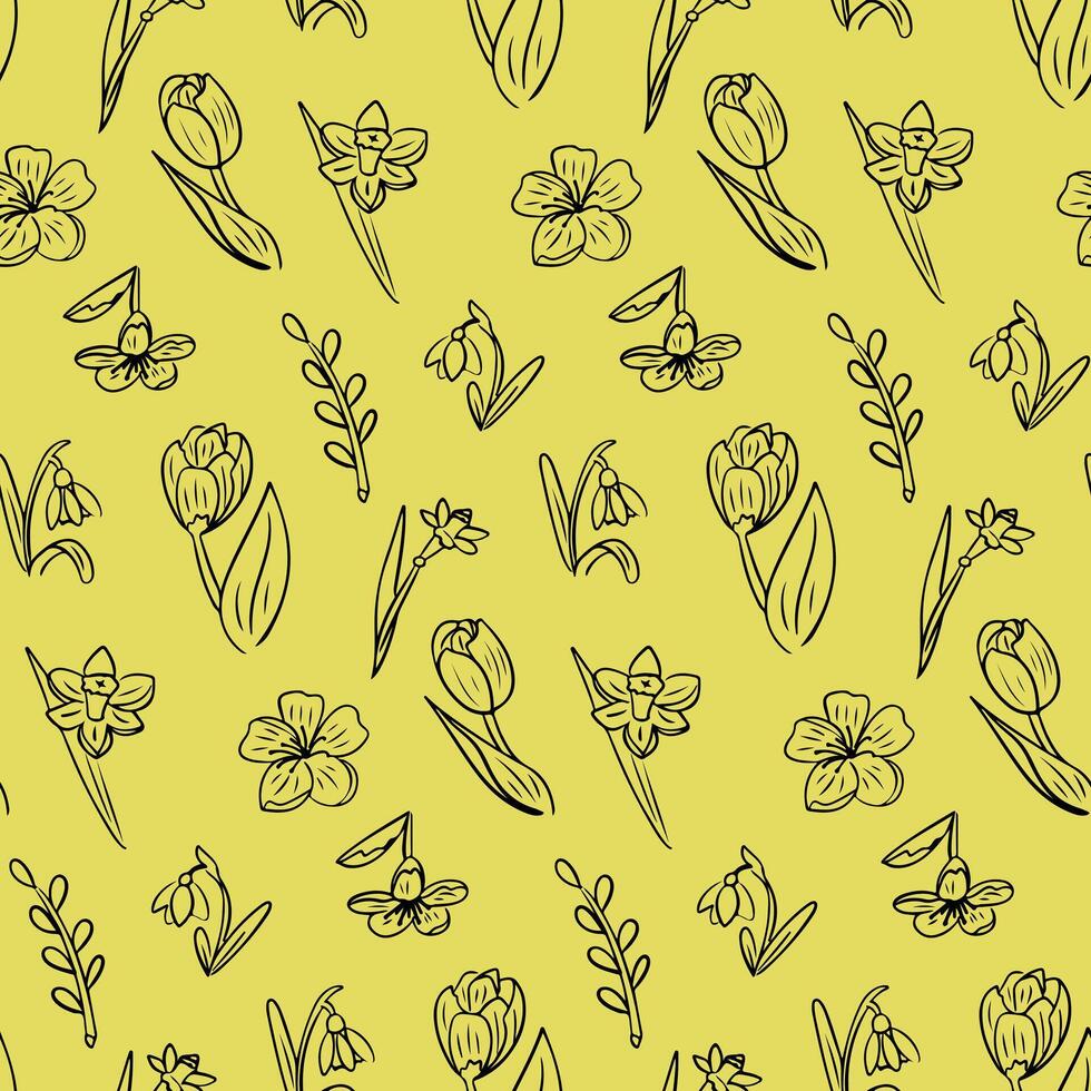 Spring seamless pattern with outline flowers. Black doodle spring branches, snowdrops, tulips, daffodils on yellow color. Spring holiday design for decoration, wrapping, banner vector