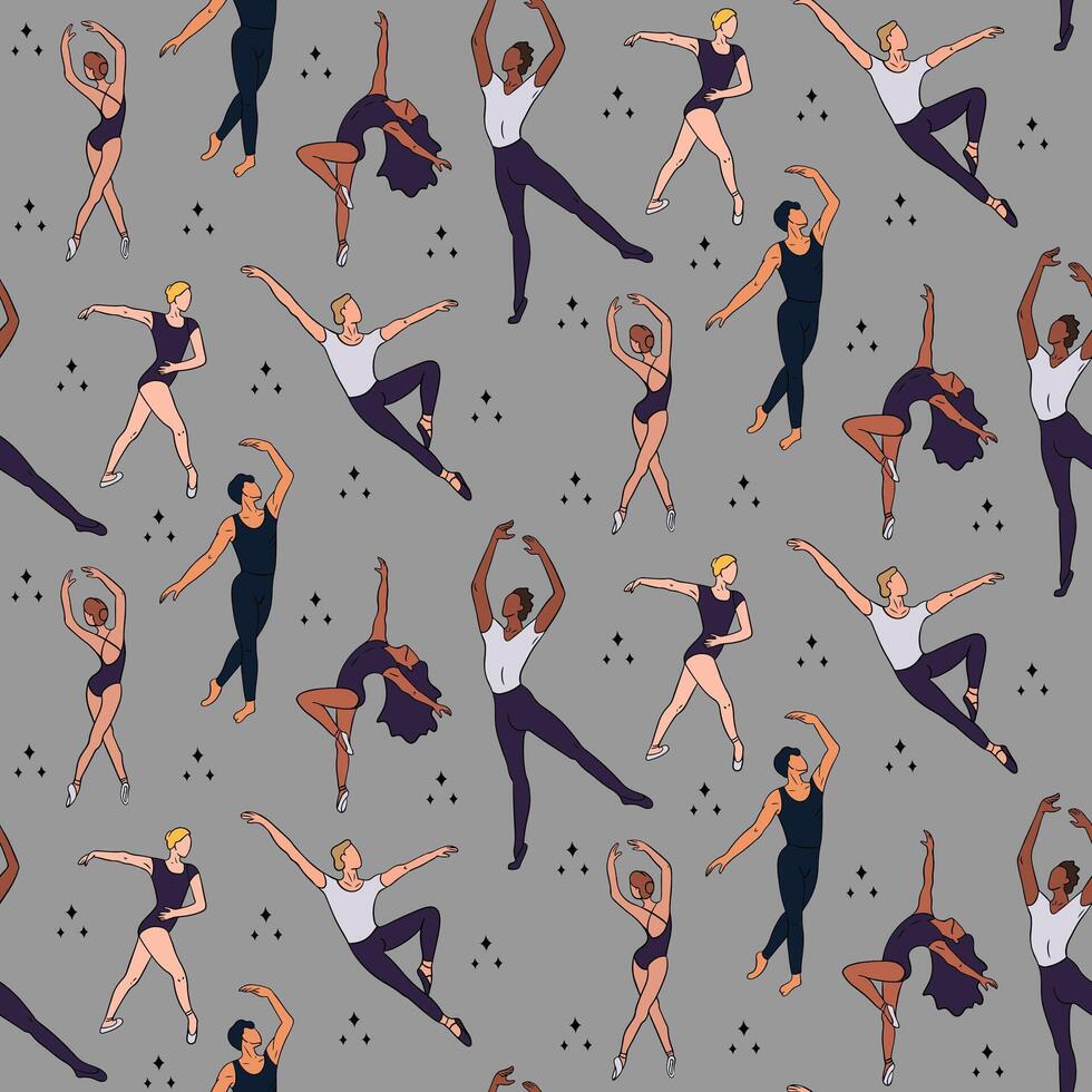 Seamless pattern with dancing women and men. Artistic concept on grey background. Flat hand drawn females and males silhouettes. Trendy print design for textile, wallpaper, wrapping vector