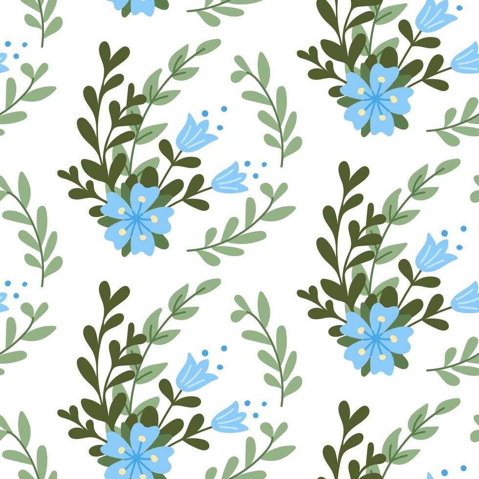 Hand drawn stylized bunch of flowers seamless pattern. Flat hand drawn colored elements on white background. Trendy print design for textile, wallpaper, interior, wrapping vector