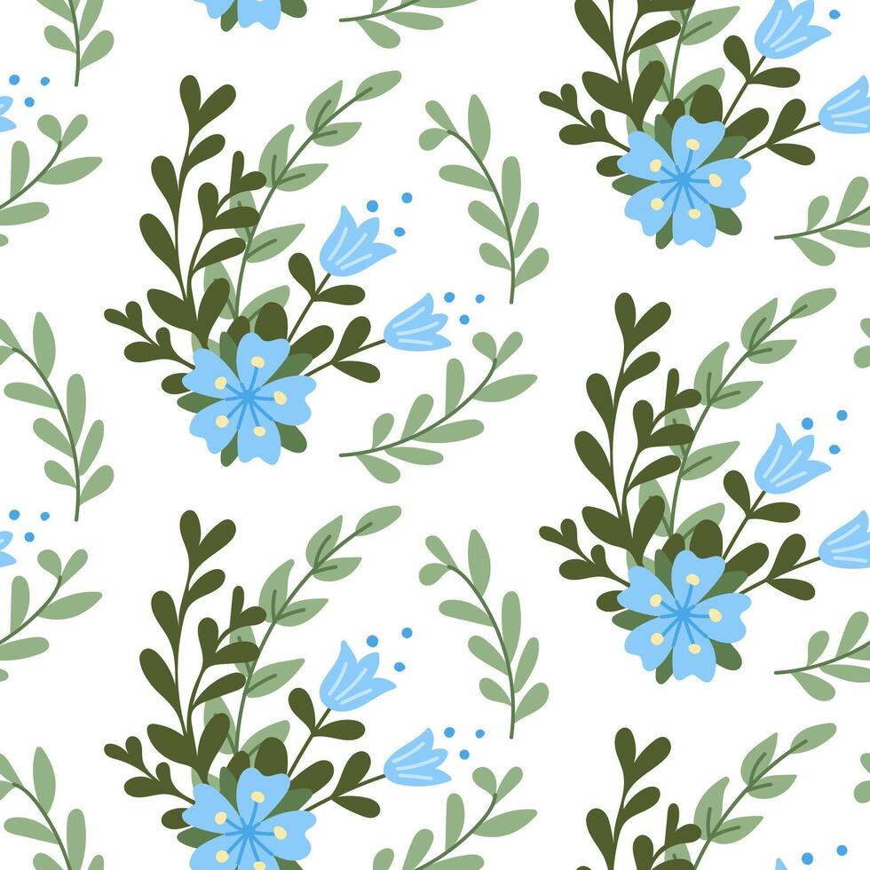 Hand drawn stylized bunch of flowers seamless pattern. Flat hand drawn colored elements on white background. Trendy print design for textile, wallpaper, interior, wrapping vector