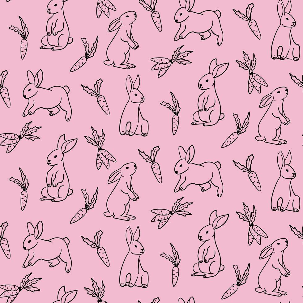 Spring seamless pattern with outline bunnies and carrots. Black doodle elements on pink color. Spring holiday design for decoration, wrapping, banner vector