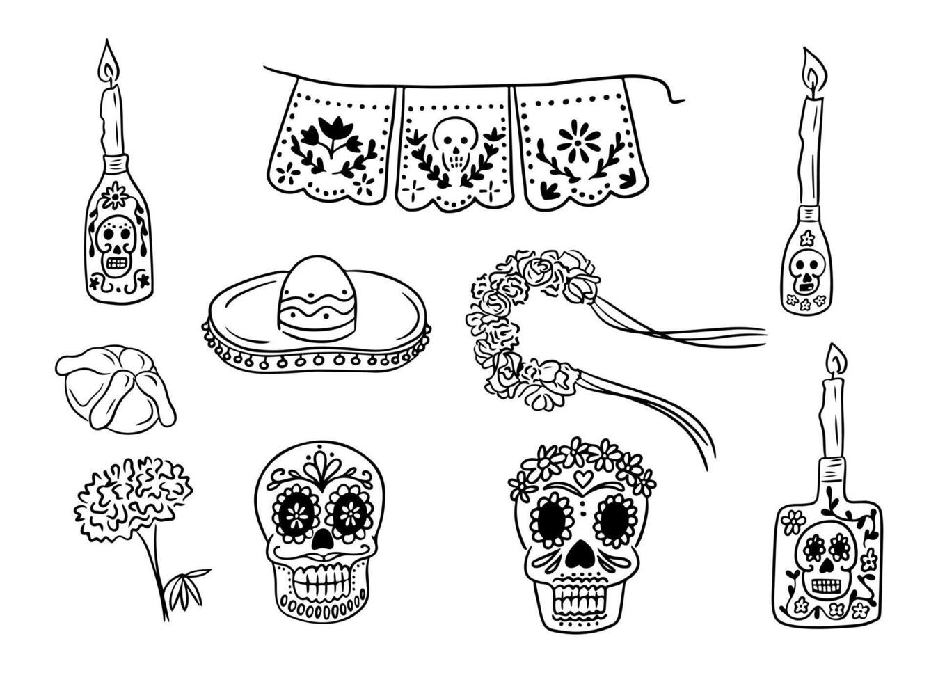 The Dead day sketchy contour drawing set. Vector black outline drawings isolated on white background. Ideal for decoration, stickers, tattoo, pattern