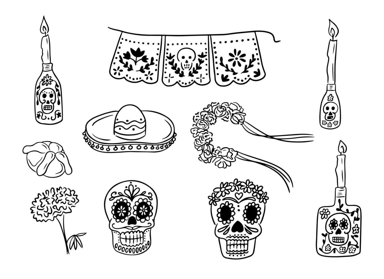 The Dead day sketchy contour drawing set. Vector black outline drawings isolated on white background. Ideal for decoration, stickers, tattoo, pattern