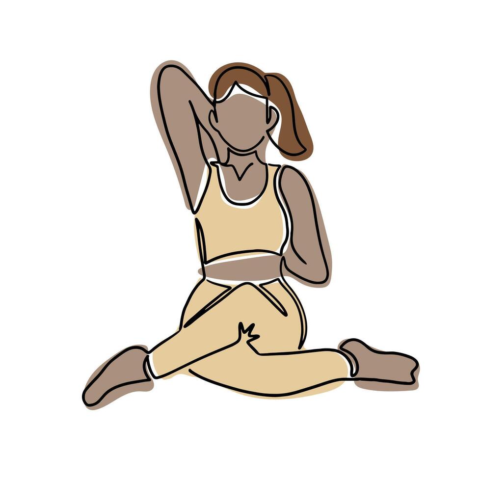 Drawing in boho style of black woman in yoga pose. Hand drawn single line icon of female body doing yoga exercises. Contour vector composition isolated on white background