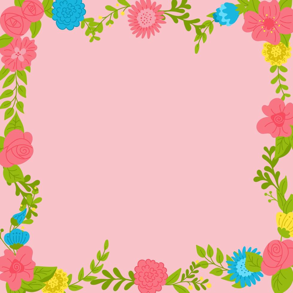 Spring abstract floral square banner template on pink color. Frame template or design print with hand drawn stylized flowers. Good for banner, background, social media graphics vector