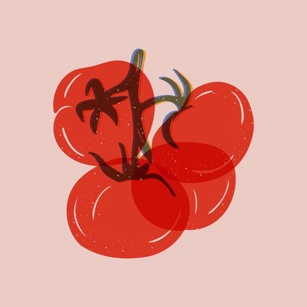 Bunch of tomatoes. Risoprint imitation with grunge effect. Healthy food concept. Square poster or background. Risograph composition with scratches vector