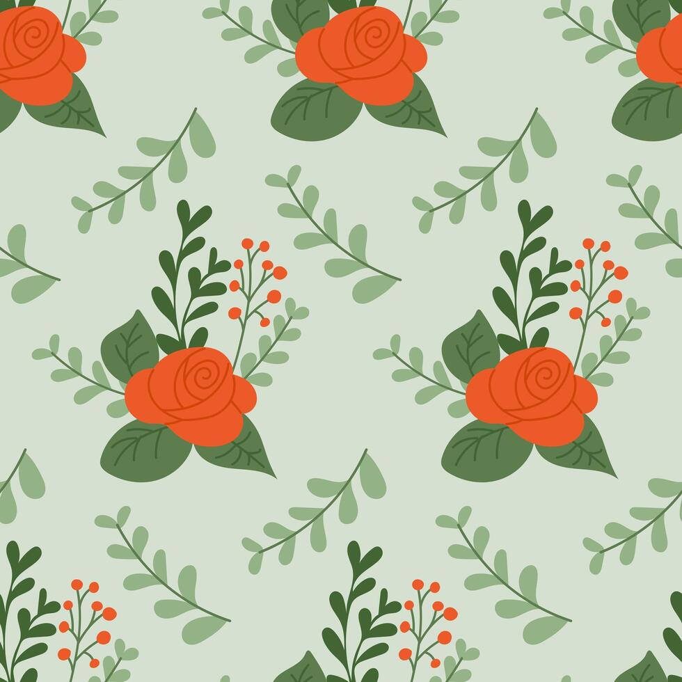 Stylized hand drawn flowers seamless pattern. Flat hand drawn colored elements on green background. Unique print design for textile, wallpaper, interior, wrapping vector