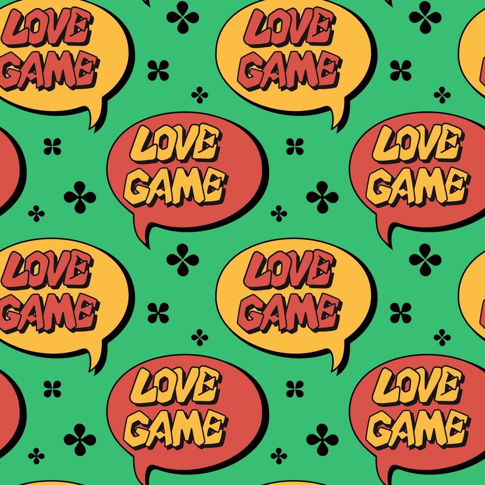 Retro seamless pattern with bubble speech and street style lettering. Text Love game. Trendy 90s style concept on green background. Good for print design for textile, wallpaper, wrapping vector