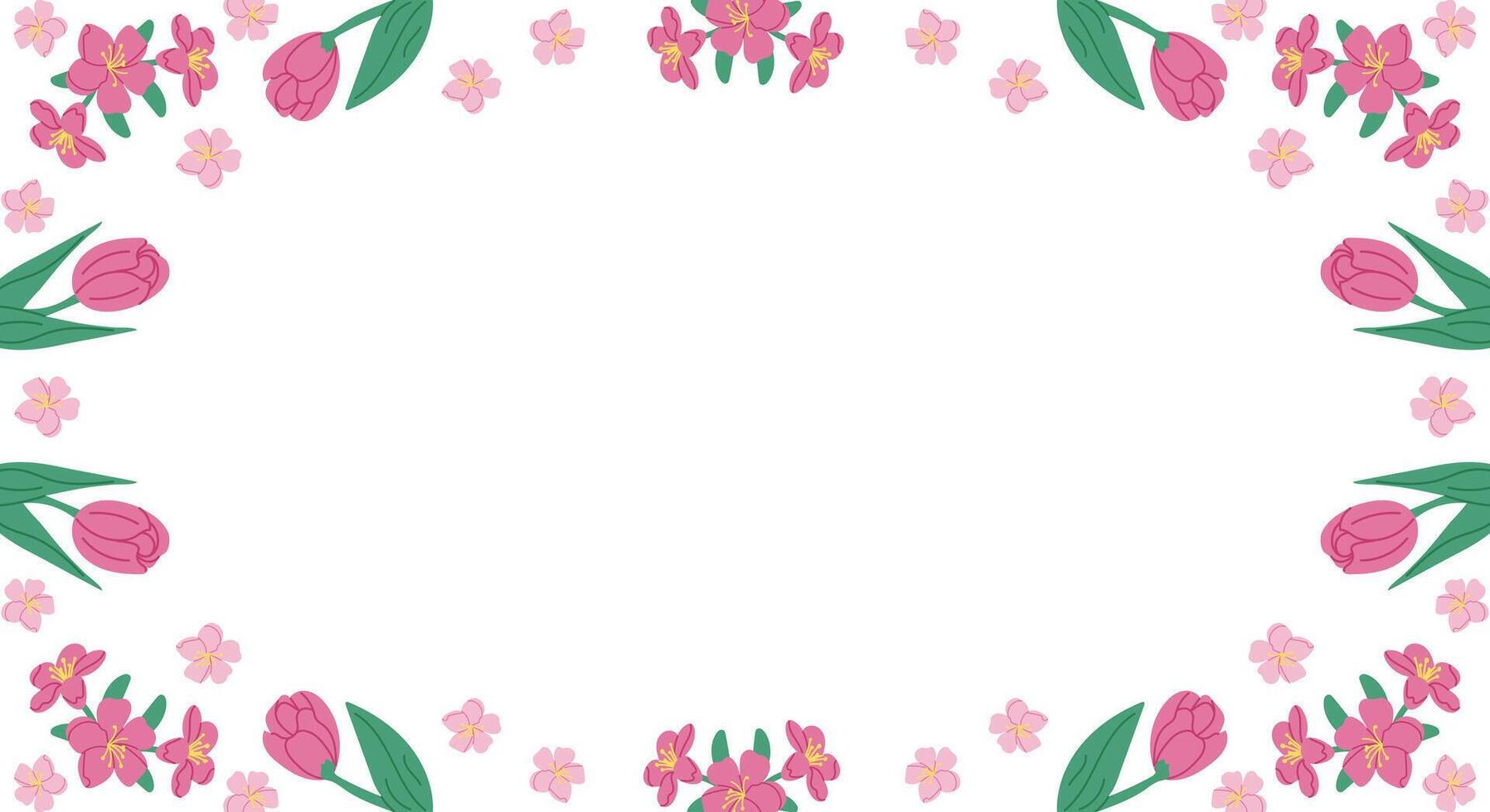 Spring horizontal floral banner template on white background. Frame template or design print with hand drawn tulips and cherry blossom. Good for banner, background, social media graphics vector