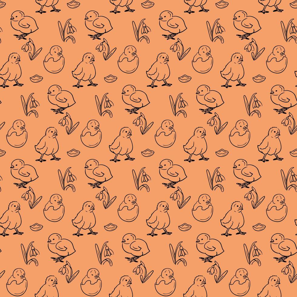 Spring seamless pattern with outline chicks. Black doodle spring snowdrops and chicks on orange color. Spring holiday design for decoration, wrapping, banner vector